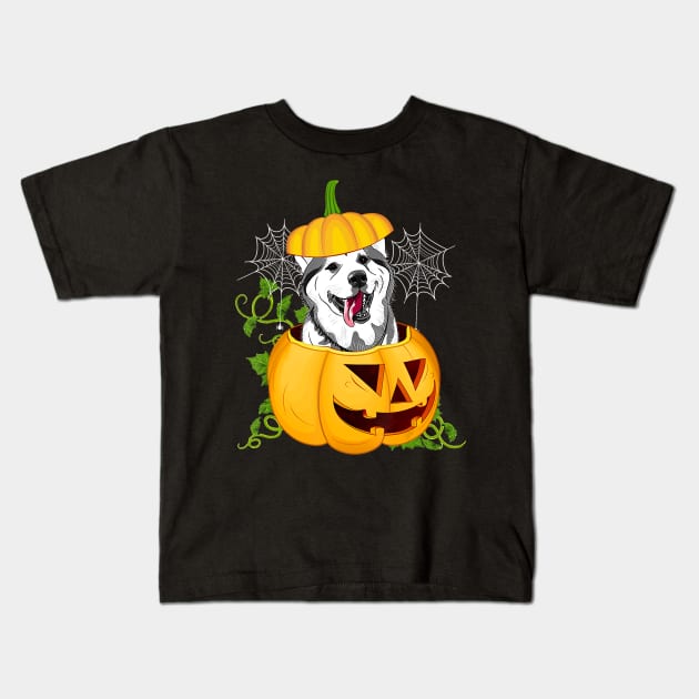 Funny Cute Pumpkin Halloween Dog Witch Pumpkin Husky Dog Kids T-Shirt by JaydeMargulies